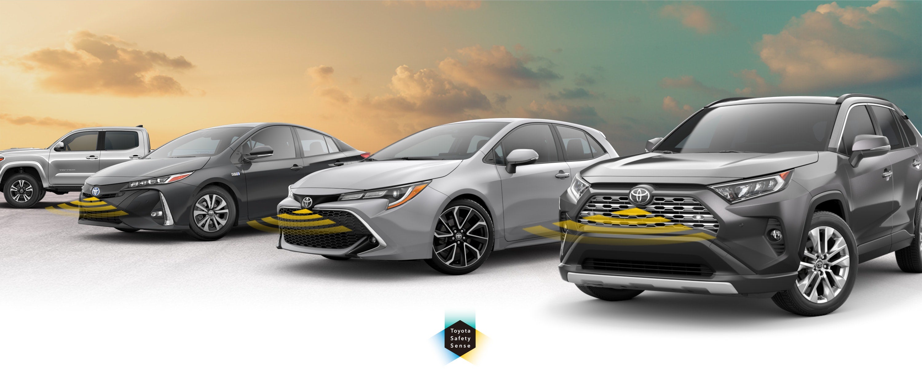 Toyota Safety Sense: Designed for Safety. Options shown on Toyota models including RAV4, Tacoma, and Camry, available now at Visalia Toyota in Visalia CA.